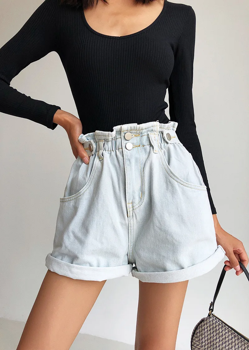 

2021 New summer street simple high-waist elastic waist wide-leg denim shorts women, solid color all-match denim shorts women