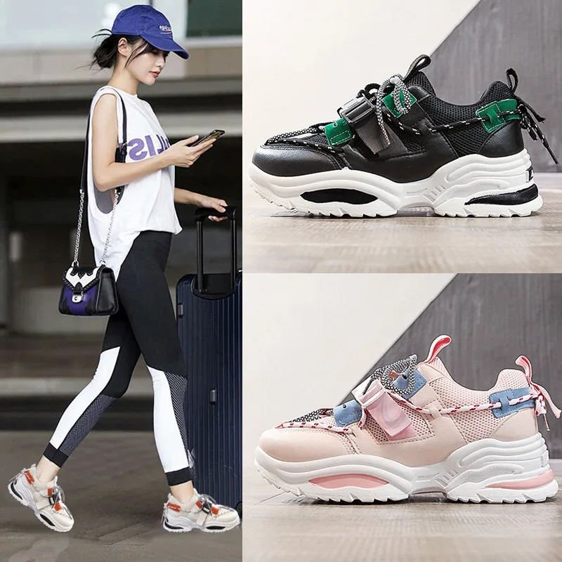 

2020 New Spring Thick Bottom Platform Shoes Chunky Sneakers Women Shoes Woman Plus Size 42 Students Breathable Casual Dad Shoes