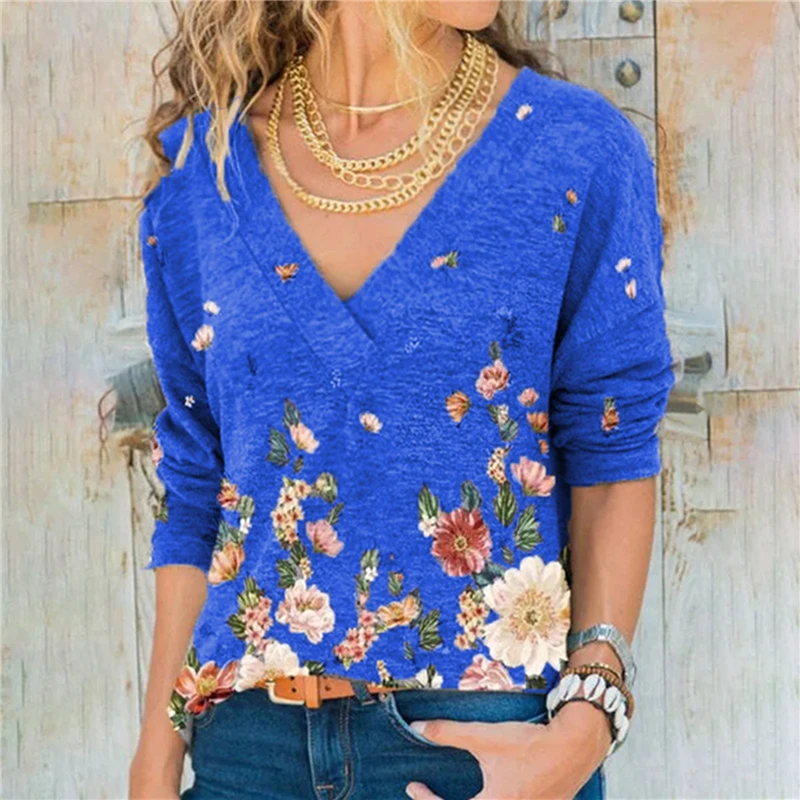 

Vintage Flower Print Ladies T Shirt Fashion V Neck Long Sleeve Casual Pullover Tops Spring Antumn Female T Shirt