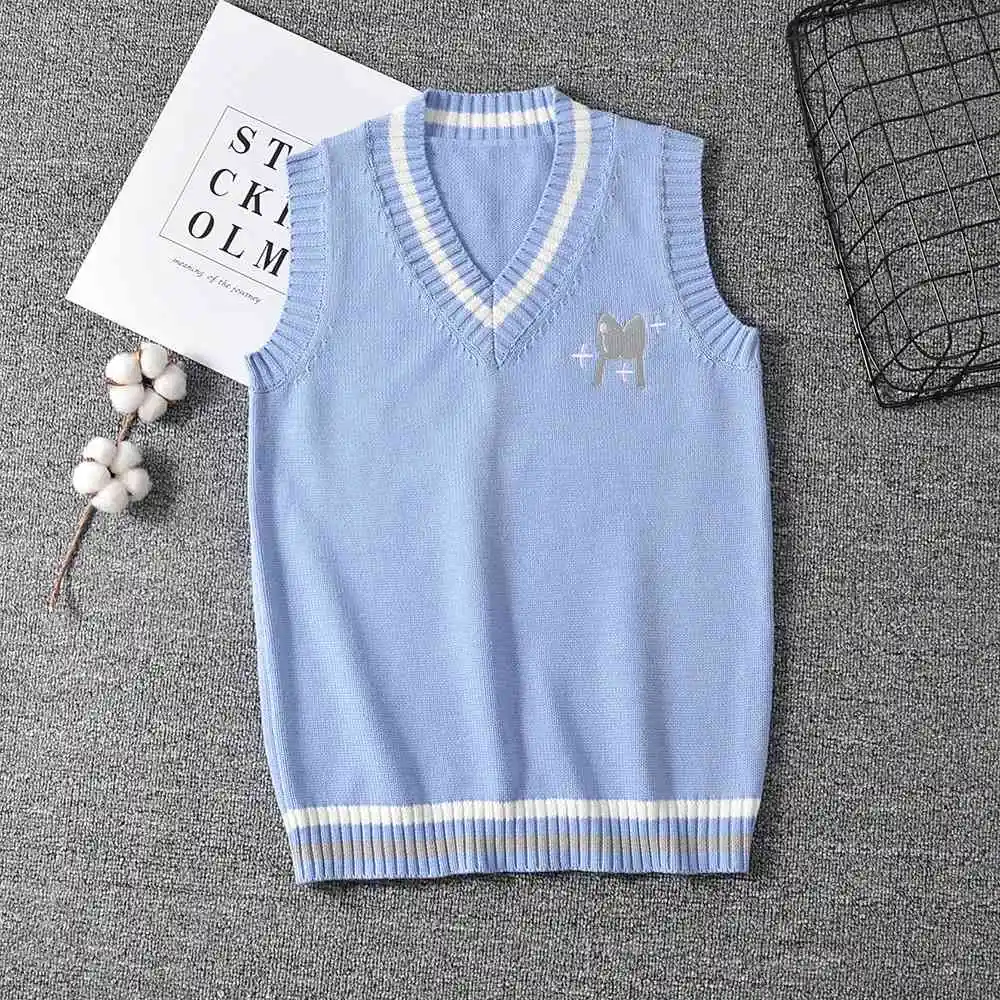 blue vest Японский свитер JK жилет сплошной цвет милый пуловер для косплея девочек школьный жилет кролик милый маленький зверь Фиолетовый Синий Розовый - Цвет: blue vest