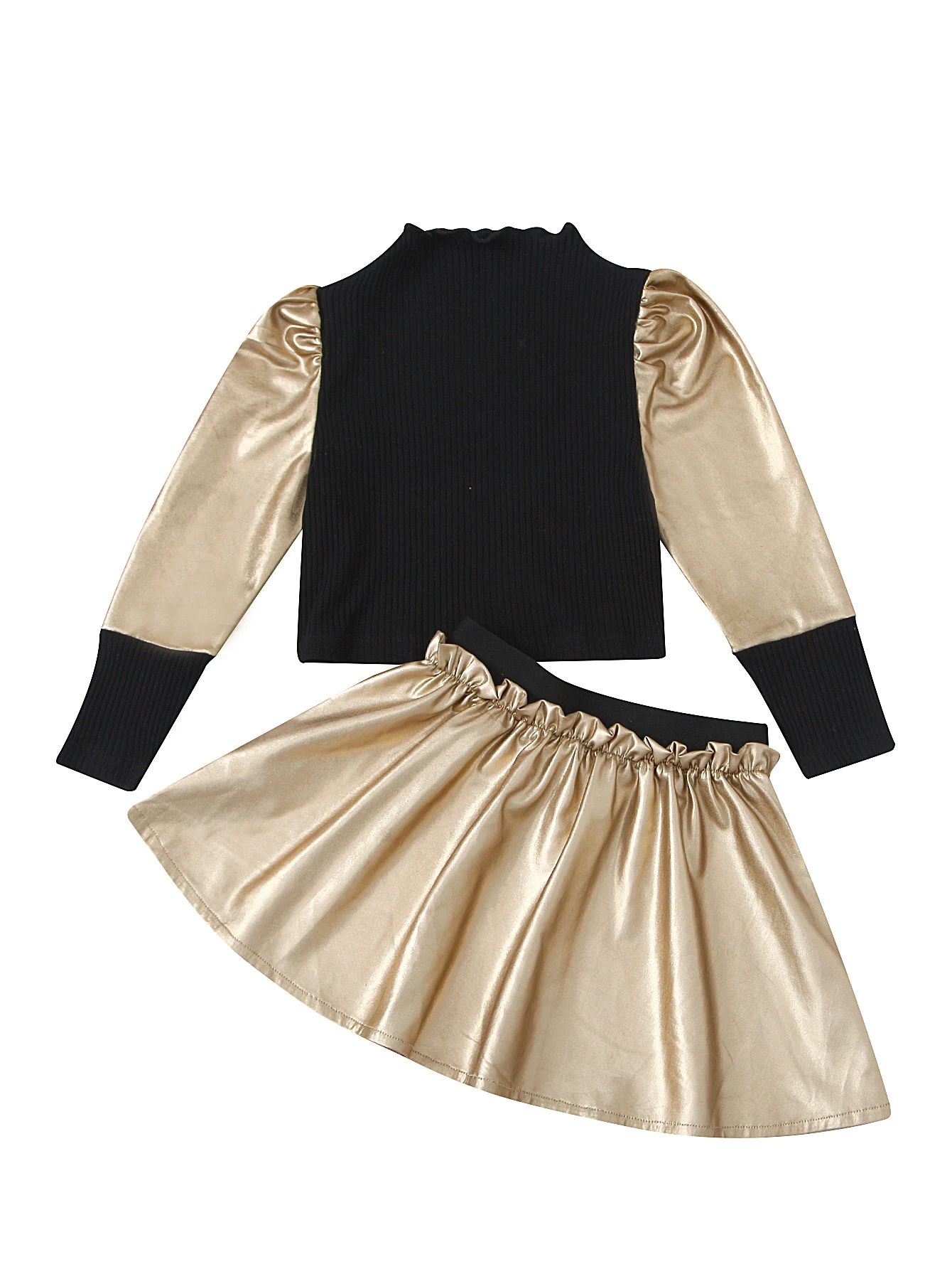 

Autumn Kids Girls 1T-8T Clothes Sets Long Puff Sleeve Knit Pullover Tops Solid A-Line Mini Skirts