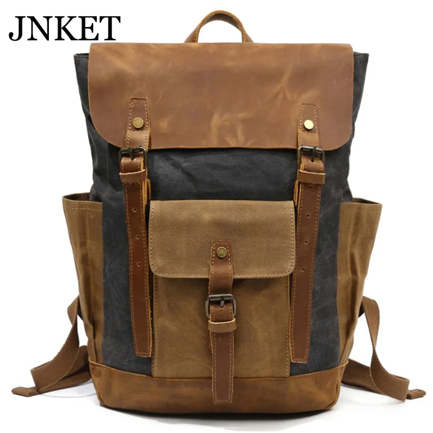 JNKET New Vintage Men Canvas Backpacks Crazy Horse Leather Rucksacks Laptop Bagpack Mountaineering Travel Pack