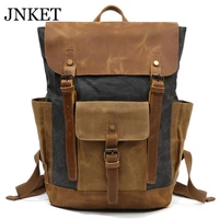 jnket new vintage men canvas backpacks crazy horse leather rucksacks laptop bagpack mountaineering travel pack