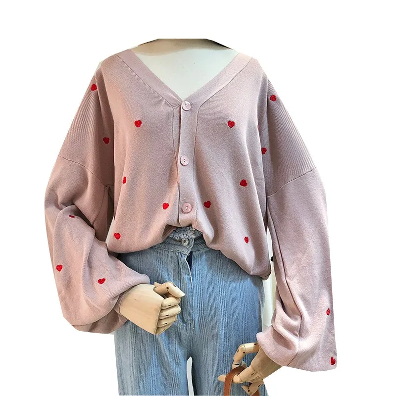 

Women's Cardigan Sweater Sweet Loving Heart Embroidered V-neck Lantern Sleeve Korean Dongdaemun Single-Breasted Knitted Coat Top
