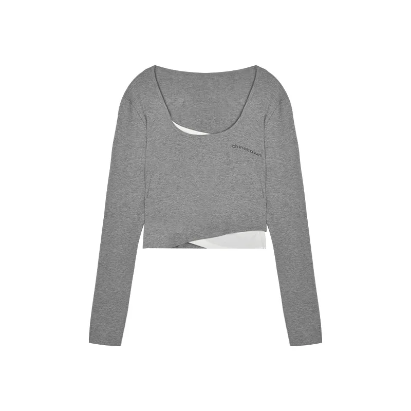 

2020 New Autumn Short Long Sleeve T-shirt O-neck Panelled Patchwork Sexy Short Tee Irregular Fake Two-piece T-shirts Casual Tops