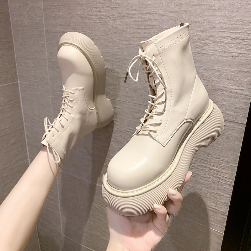 

New Short After Zipper Round Head Boots Round Head Thick-Soled Boots 2021 Women's Shoes British Short Tube Lace-up Martin Boots