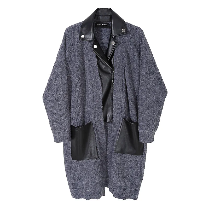 

Женское трикотажное платье-свитер средней длины, облегающее платье из искусственной кожи с карманами, Осень-зима