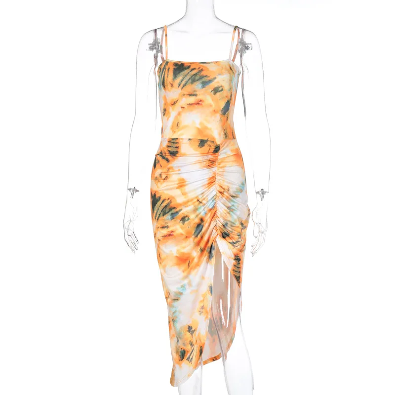 

Zoctuo Tie Dye Sexy Dresses for Women Spaghetti Strap Midi Dress Bodycon Asymmetrical Summer Dresses Elegant 2020 Streetwear