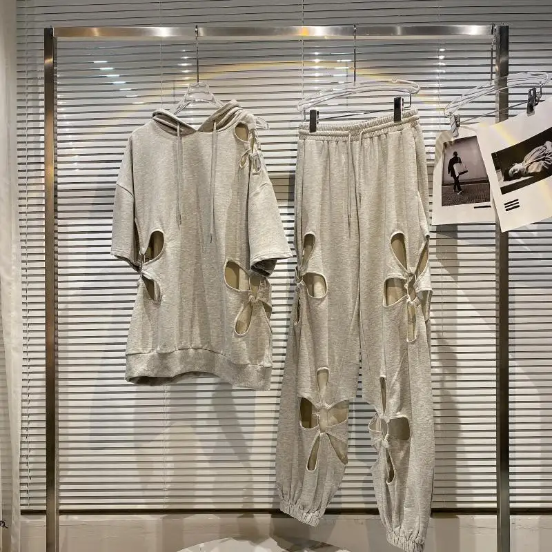 

Two-Piece Hooded Sweatshirts Women 2021 Summer New Hollow-out Flower Short Sleeve Hoodie Tops Casual Sports Harem Pants Suit