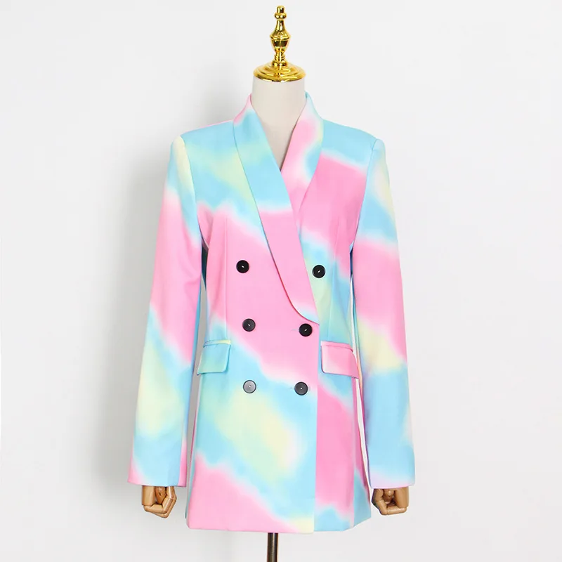 

Tie-dye Print Double Breasted Blazer Women Autumn Rainbow Color Lapel Long Sleeve Slim Pockets Female Jacket Coat Outerwear Tops