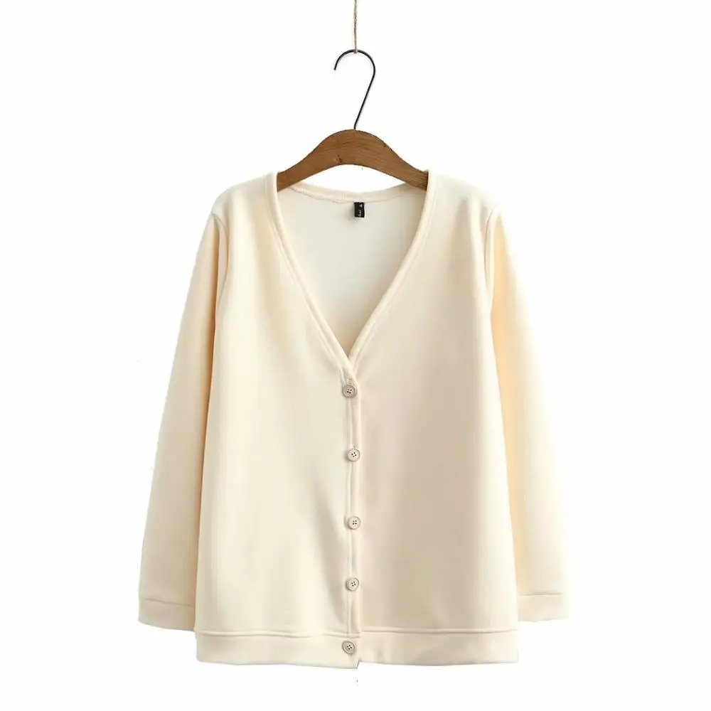 

Plus size V neck fleece inside Single Breasted women loose cotton sweatshirts jackets 2021 new winter solid blue black coats