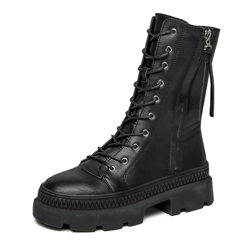 Winter Genuine Leather Chunky Motorcycle Boots Women Autumn Fashion Round Toe Lace-up Combat Military Boots Ladies Shoes