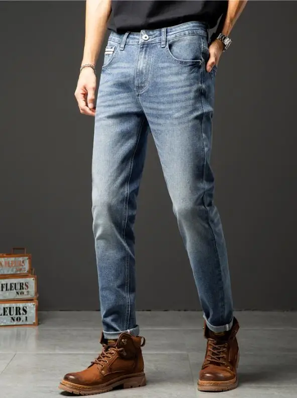 Classic Men Jeans Retro Stretch Straight Jeans Men's Spring AutumnDenim Trousers Casual Slim-Fit Jeans