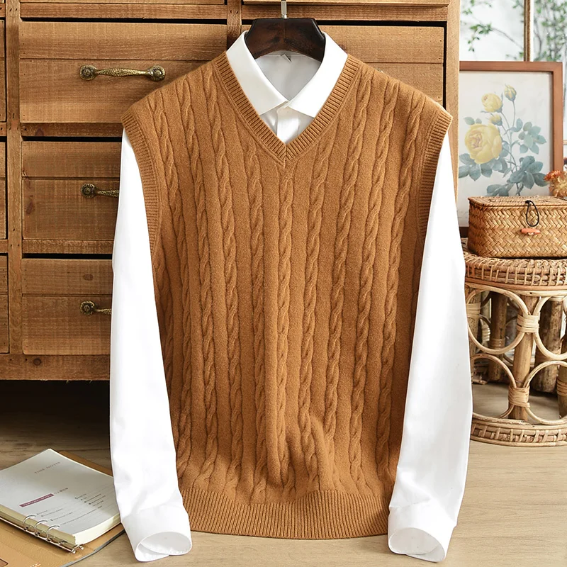 Autumn and winter 100 cashmere sweater men's V-neck middle-aged dad pure color casual jacquard vest thin bottoming | Мужская одежда