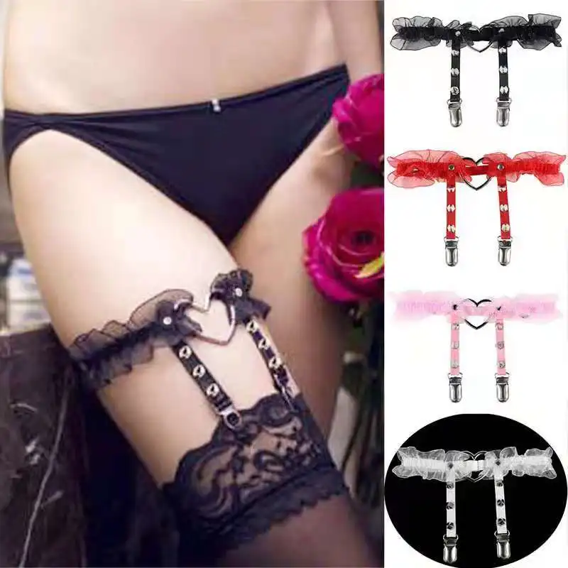 

Women Sexy Rivet Leg Ring Garter Belt With Lace Socks Tight Suspenders Lingeriees Elasticity Heart Leather Harness Punk Garters