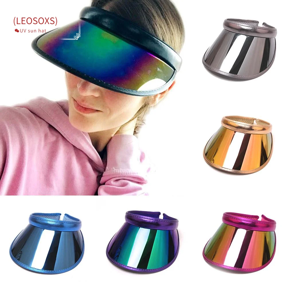 

Unisex Summer Iridescent Mirrored Outdoor Travel Beach Anti-UV Sun Visor Hat PVC Empty Top Hats Trendy Clothing Accessory