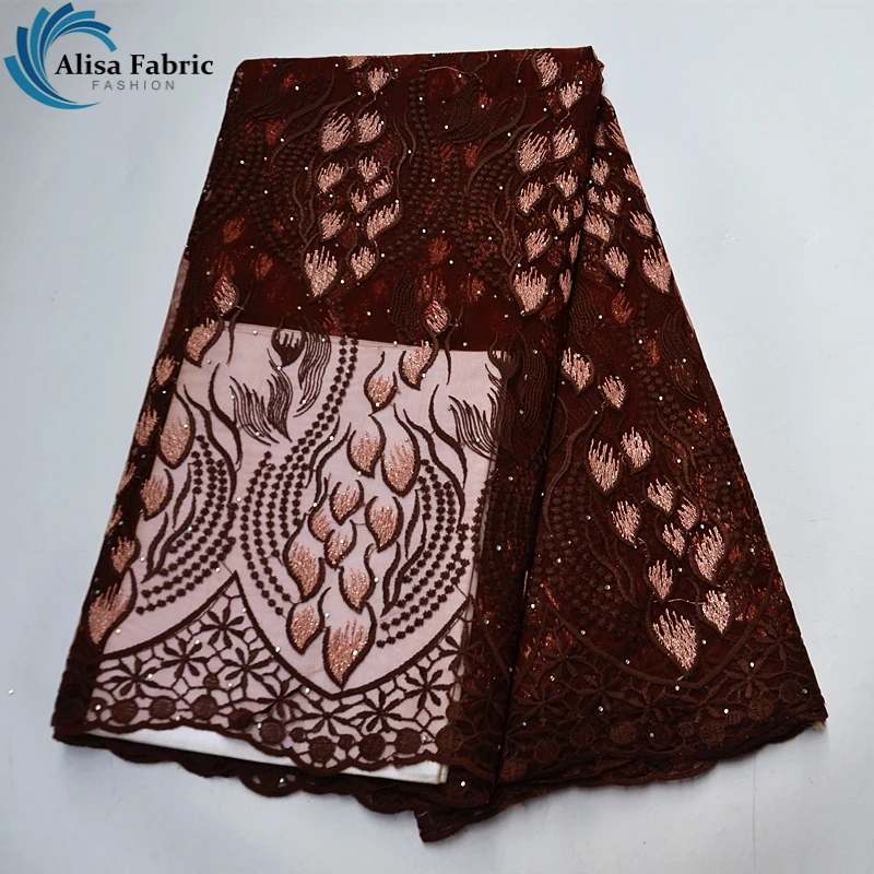 

Yellow Embroidey African Lace Fabric 5 Yards High Quality Lace Nigerian Lace Fabric For Dress African Tulle Lace With Stones