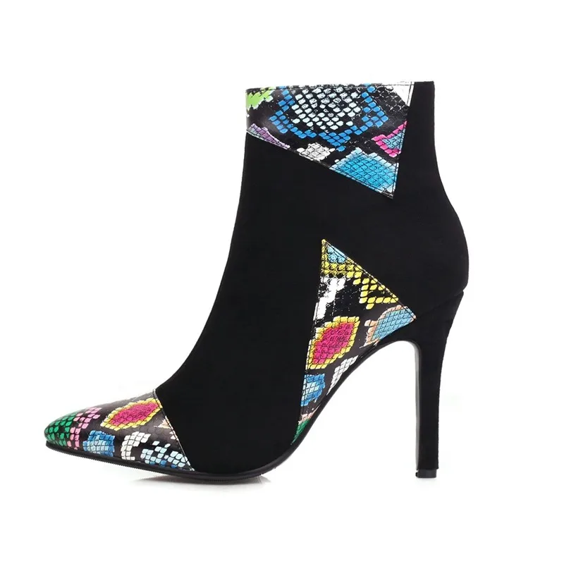 

Shoes woman heels 2020 fashion sexy suede pointed toe super high heels snake print women ankle boots black booties large size 33