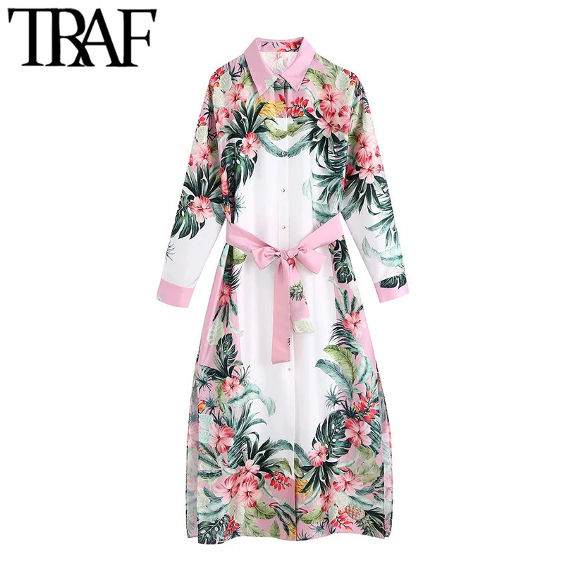 Платье рубашка средней длины с тропическим принтом и поясом|Женские платья| |