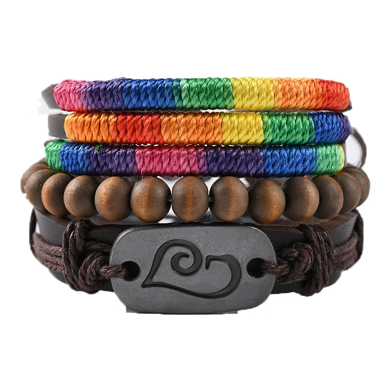 

Woven Leather Bracelet Rainbow Color Charm Wooden Bead Ethnic Tribal Wristband Bracelet bracelet for women
