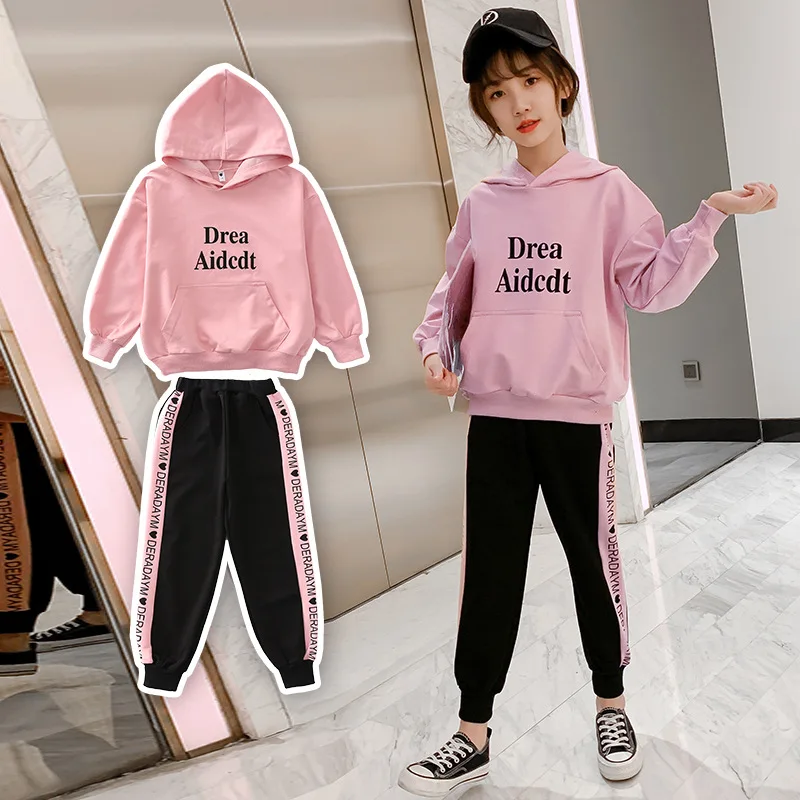 

Детский спортивный костюм для девочек, розовый свитшот с длинным рукавом и капюшоном и штаны, осень 2020