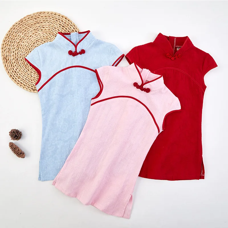 

Chinese Traditional Cheongsam For Kids Short Sleeve Hanfu Tang Suit 3 Colors Chinese New Year