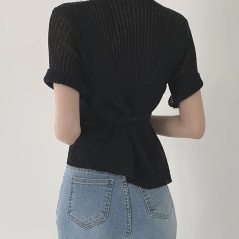 

FANIECES Chic Korea Lace Up Tunic Knitted Cardigan Women Summer Short Sleeve V Neck Irregular Elegant Sweaters Streetwear