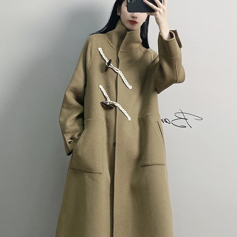 

2020 autumn winter women's clothing new Hepburn style double-sided woolen coat female mid-length horn button woolen coat 40b