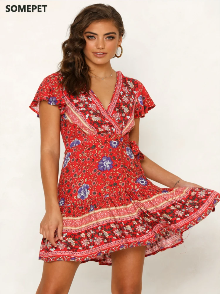 

Drop shipping Women Vintage Short Sleeve Print Dress V neck Short Sleeve Boho Floral Mini Dresses Female Summer Holiday Sundress