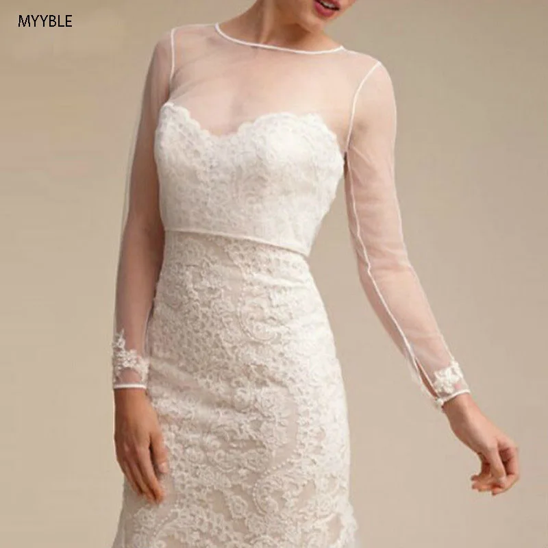 MYYBLE 2020 nueva llegada Sheer Lace boda Bolero chal Simple manga larga nupcial encaje chaquetas accesorios de boda