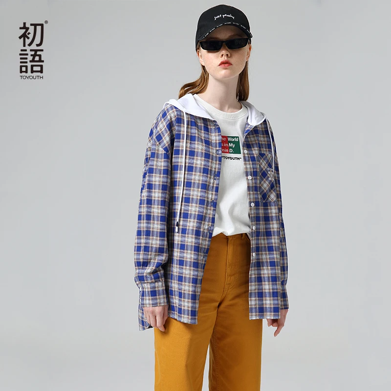 Женская клетчатая блузка с капюшоном и длинным рукавом|Блузки| |