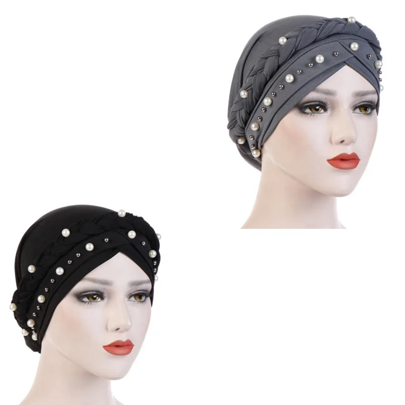 

Milk Silk HeadScarf for Muslim Women with White Pearl/Braid/Rivet Headgear Fashion Arab Wrap Turbantes