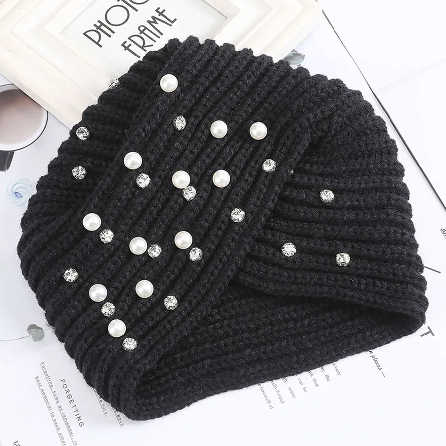 pearl rhinestone 1 Haimeikang, Женский Хрустальный тюрбан с цветком, Женская Повседневная вязаная шапка, эластичный со стразами, шапки, вязаные крючком, зимняя вязаная шапка - Цвет: pearl rhinestone 1