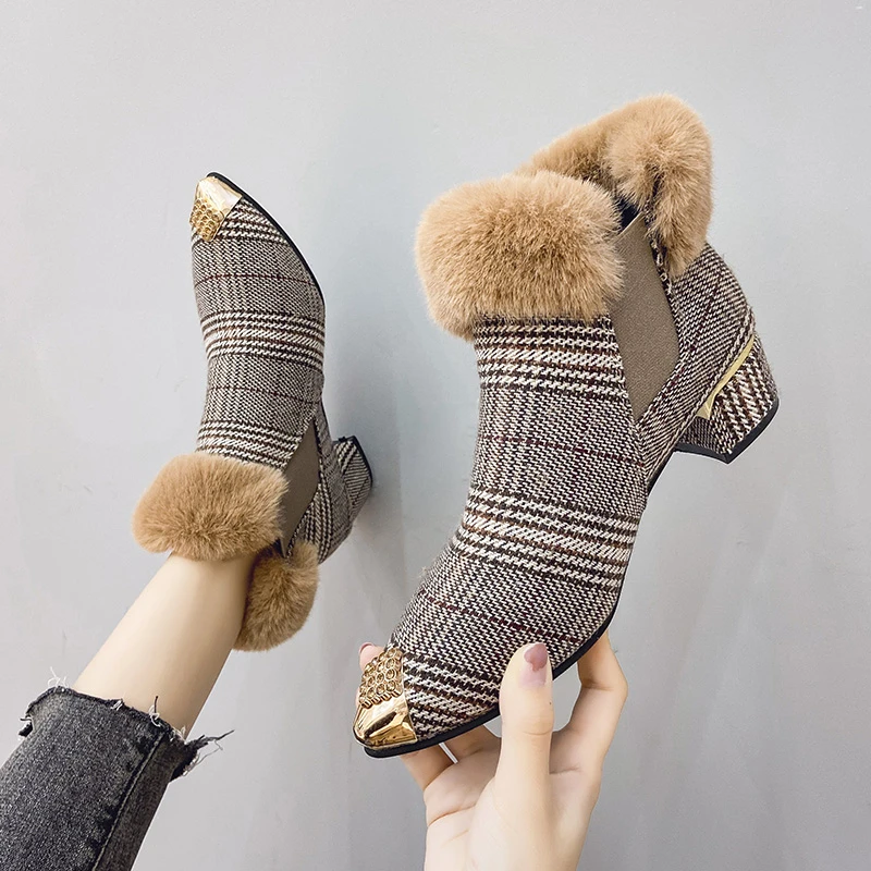

Zapatos De Mujer Women Classic High Quality Plaid Pattern Slip on Spring & Autumn High Heel Boots for Party