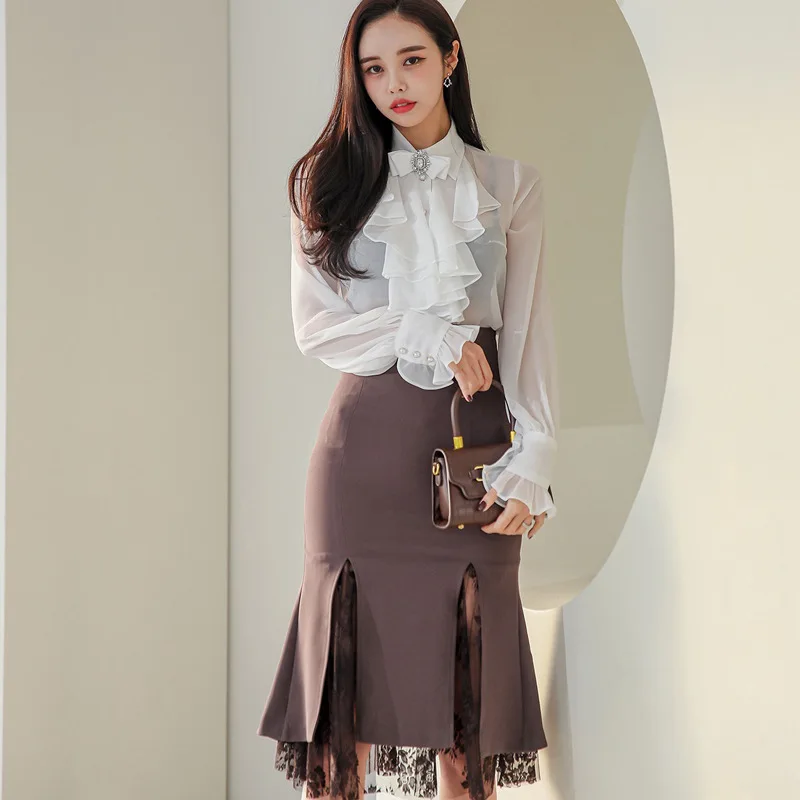

2 Pieces Suit Women Ruffle Chiffon Top And Sheath Mermaid Skirts Elegant Slim Stitching Lace Split Lady Skirt Suit