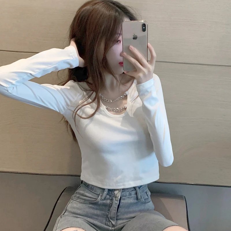 

Top Female Spring New Korean Style Slimming and All-Matching Fashion Short Bare Midriff Slim Fit Chain Elegant Bottoming