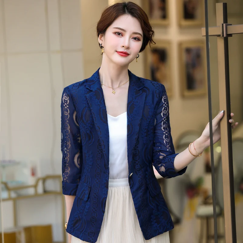 

Formal Business Lace Blazer Coat OL Styles Summer Elegant Blue Blazers Jackets Coat for Women Ladies Office Blazer Outwear Tops