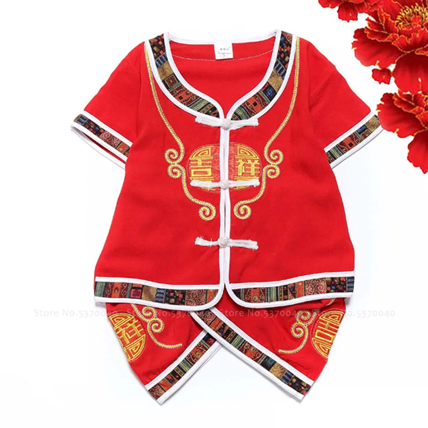 Китайский традиционный ханьфу для новорожденных мальчиков футболка Топы штаны