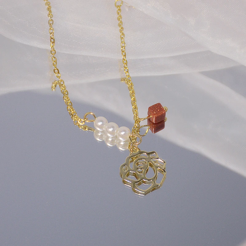 

Vintage Elegant 14k Real Gold Rose Flower Pearl Charming Temperament Chain Pendant Necklace for Women High Quality Jewelry Party