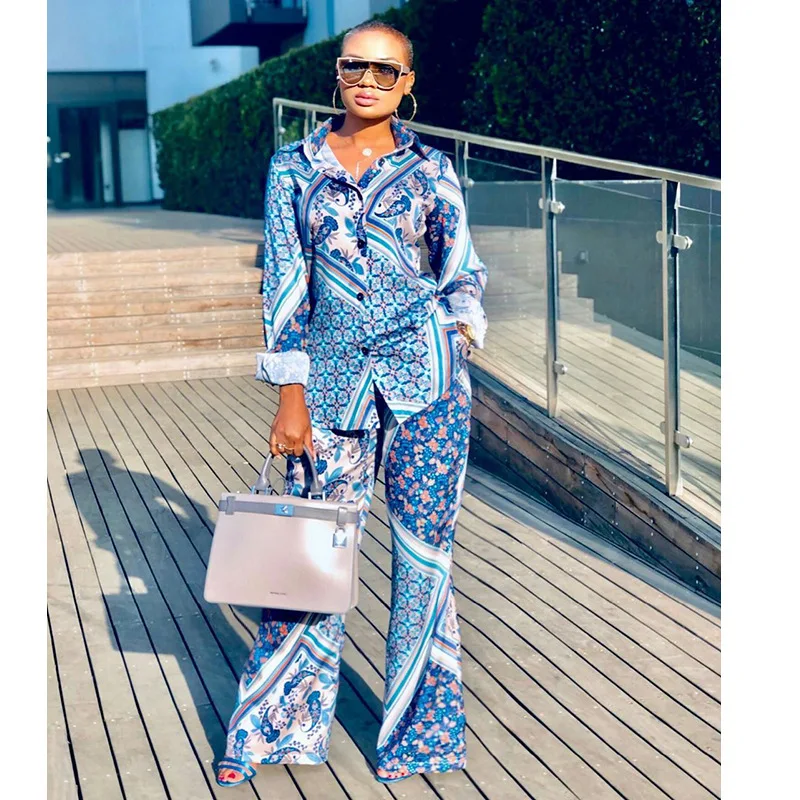 

2 Piece Sets African Sets For Women African Print Elastic Bazin Baggy Pants Fashion Sexy Blue Print Blouse 2 Piece Suit For Lady