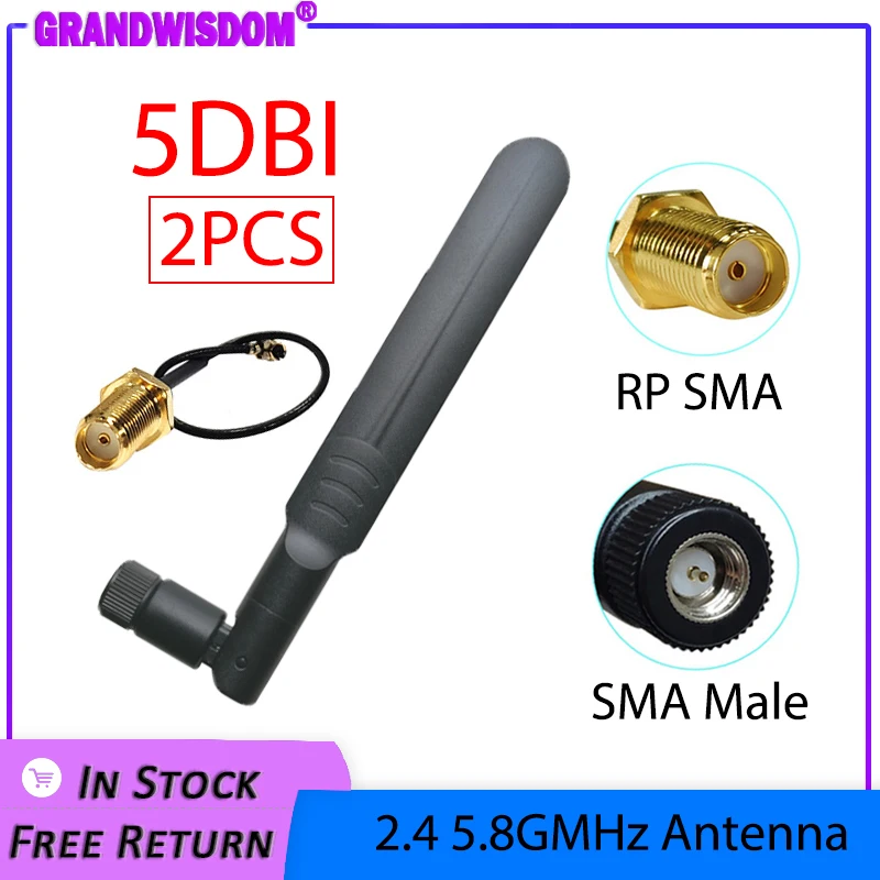 2pcs 2.4GHz 5GHz 5.8Ghz  IOT Antenna 5dBi SMA Male Connector Dual Band wifi Antena + 21cm RP-SMA Male Pigtail Cable