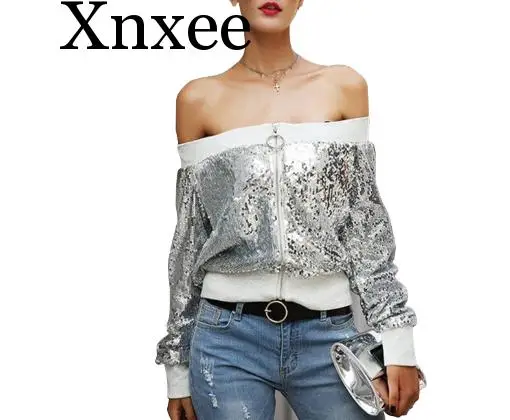 

Autumn Women Sexy Club Off Shoulder Sequin Coats Bomber Jacket Long Sleeve Zipper Casual Fashio Nclassic Design Slash Neck Show