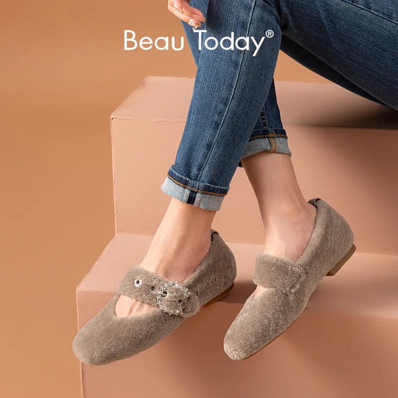 

BeauToday Women Flats Genuine Wool Fur Mary Janes with Buckles Winter Round Toe Soft Fashion Loafers for Women Handmade 28504