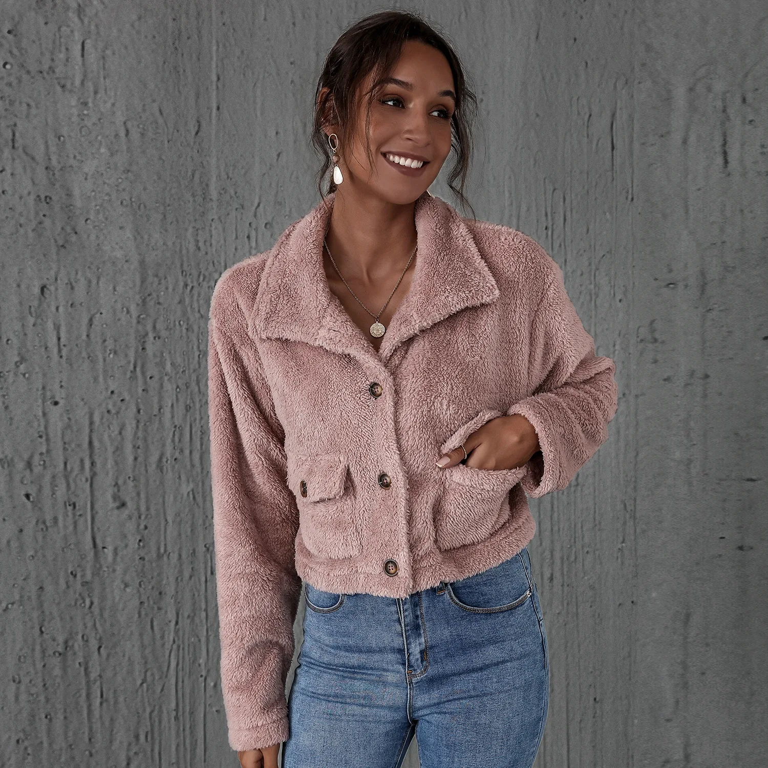 

Ladies Autumn Winter Thickened Women's Jackets Faux Fur Plush Warm Street Style Casual Jacket Solid Color Pocket Button Jacket