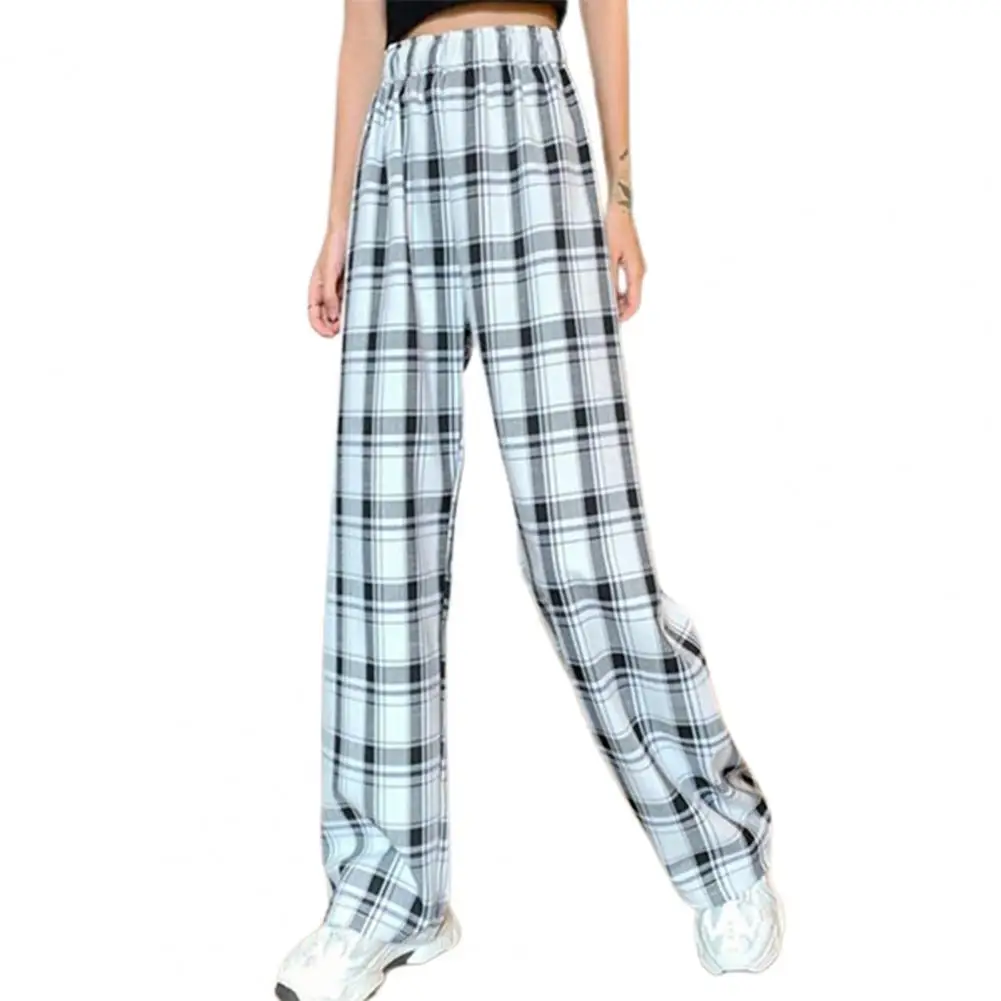 Уличная мода с высокой талией клетчатые прямые брюки женские свободные