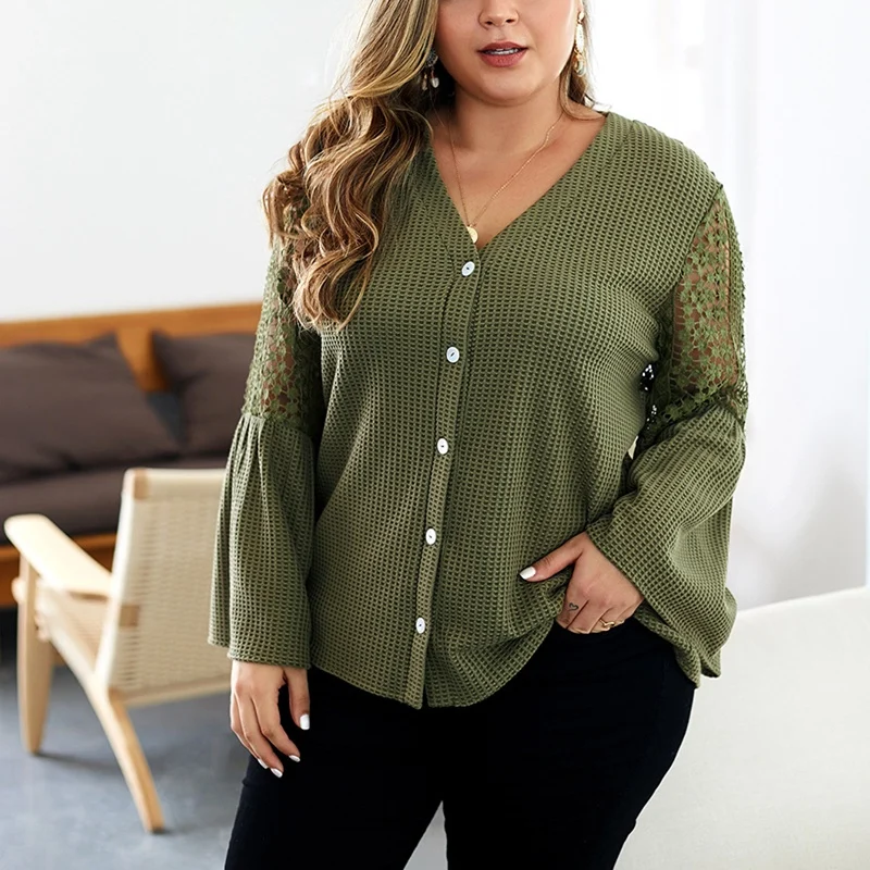 Осенний и зимний свитер, топ, Размер 4XL 5XL 6XL 7XL 8XL, женский свитер с v-образным вырезом и пуговицами, кружевной рукав-труба, Одноцветный, обхват груди 133 см
