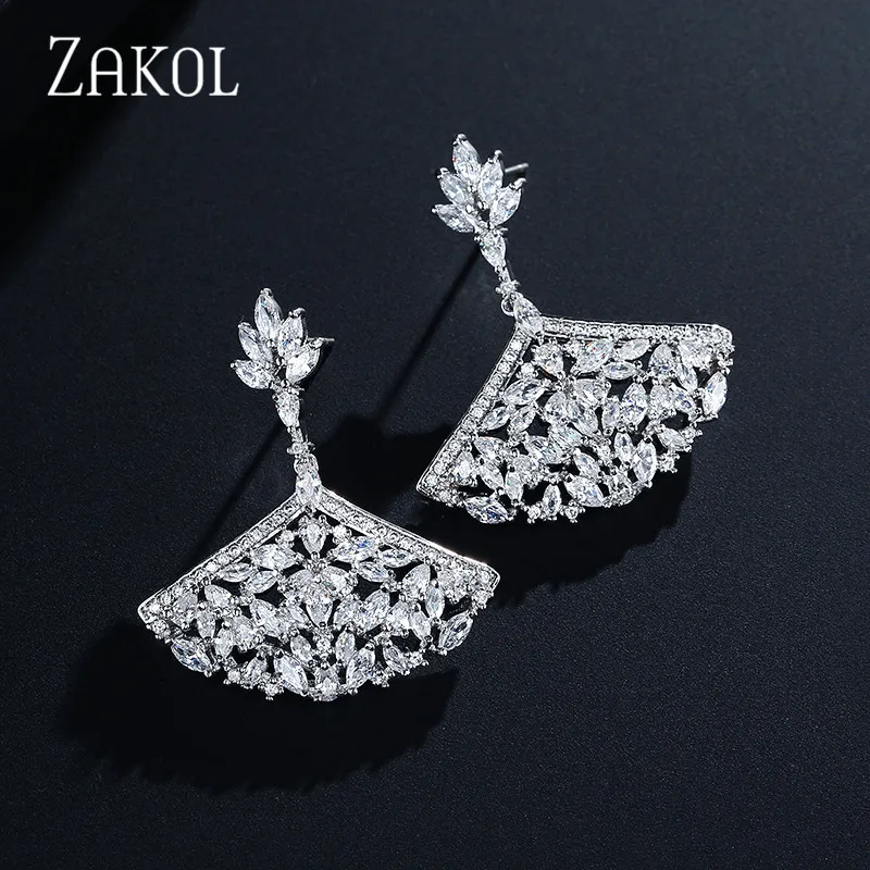 ZAKOL новые элегантные роскошные большие серьги с фианитами с креплением микро-ПАВЕ, хрустальные люстры-вентиляторы Форма серьги в виде капель для Для женщин свадебные Brincos, можно носить с FSEP2069