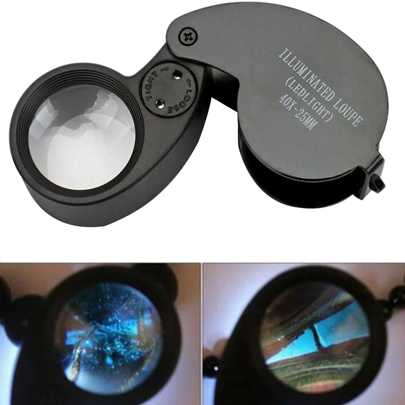 

40X 25mm Jewelers Eye Loupe Folding Illuminated Magnifier Pocket Reading Magnifying Glass with LED Lights Watch Repair Tools