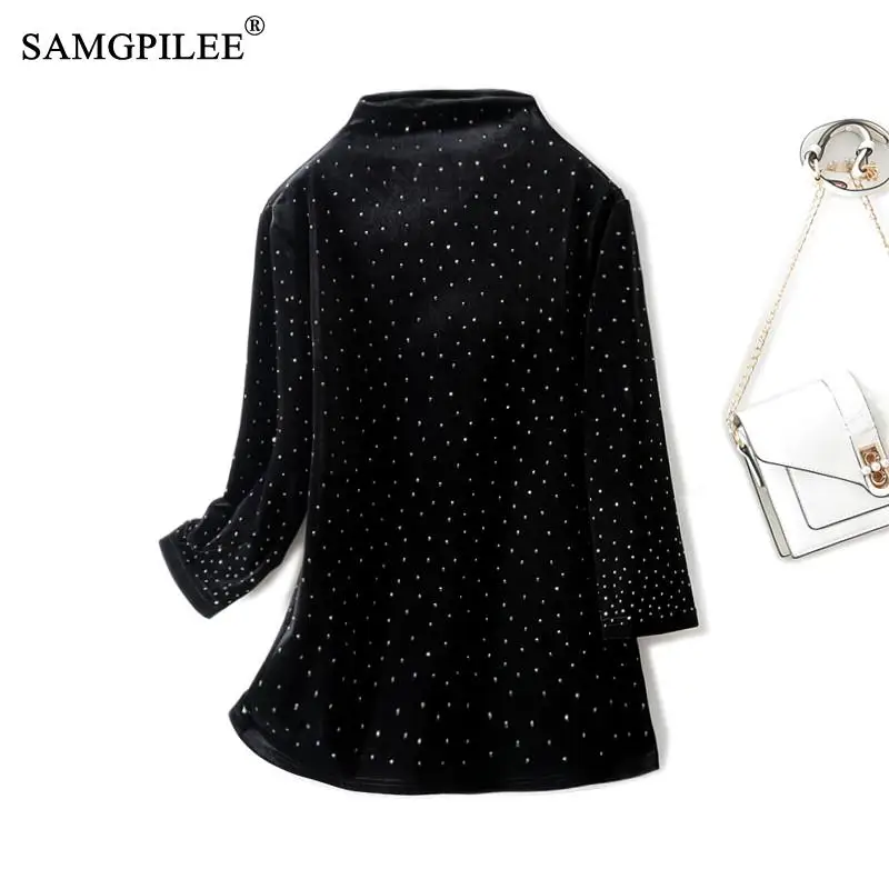 

SAMGPILEE Tshirts womens Slash Neck Hot Diamond European Women T-shirt Gold Velvet Bottoming T-shirts Autumn And Winter 4XL