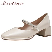 meotina med heels genuine leather mary janes shoes women crystal thick heel pumps square toe shoes female footwear brown size 40